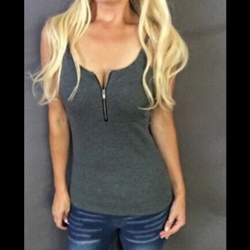 Womens Plus Grey Zipper Trim Sleeveless Tank Top